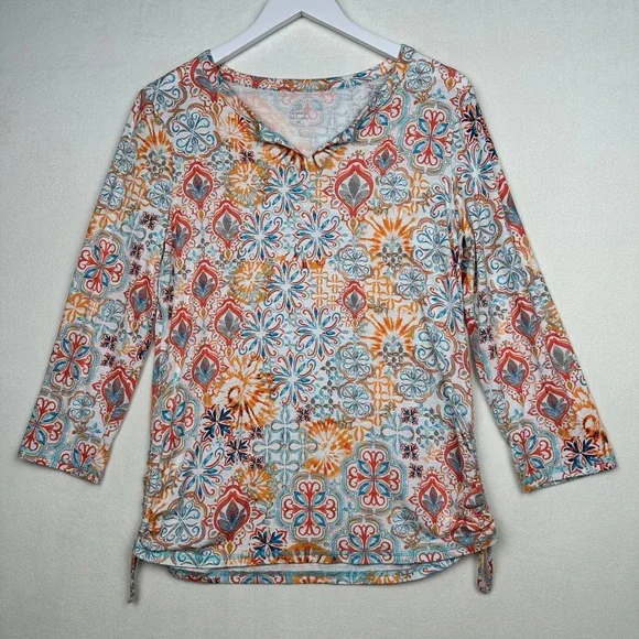 T by Talbots Women's Size M Split Neck 3/4 Sleeve Ruched Blouse Top - Picture 1 of 9